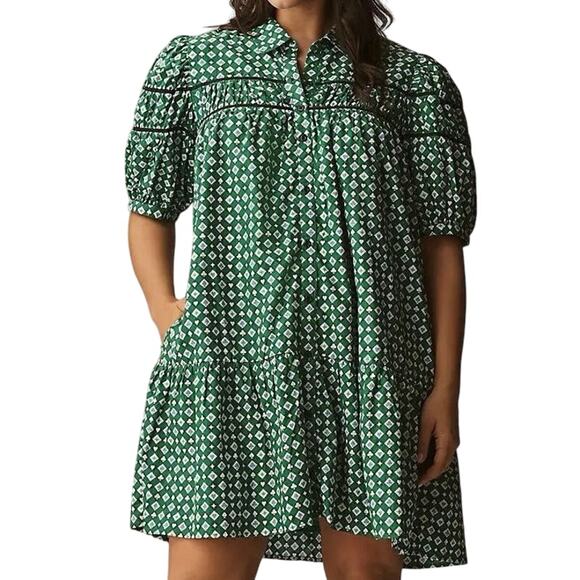 ANTHROPOLOGIE Maeve The Leandra Shirred Yoke Mini Dress Green Motif - Sz 2X NWT - Picture 1 of 6
